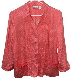 Kim Rogers Pale Orange Coral & White Polka Dot Linen Button Down - Size Petite M